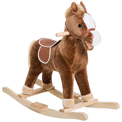 Qaba Kids Plush Toy Rocking Horse Ride on with Realistic Sounds - Brown