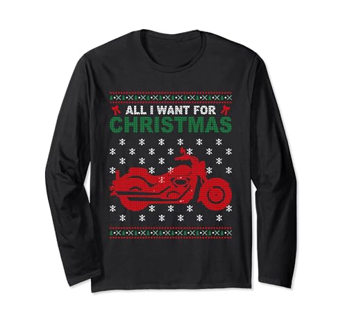 All I Want Motorcycle Ugly Christmas Sweater HD VTwin Manga Larga