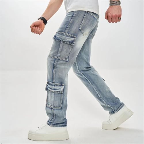 Men Pockets Loose Cargo Jeans Trousers Solid Casual Straight Denim Pants4