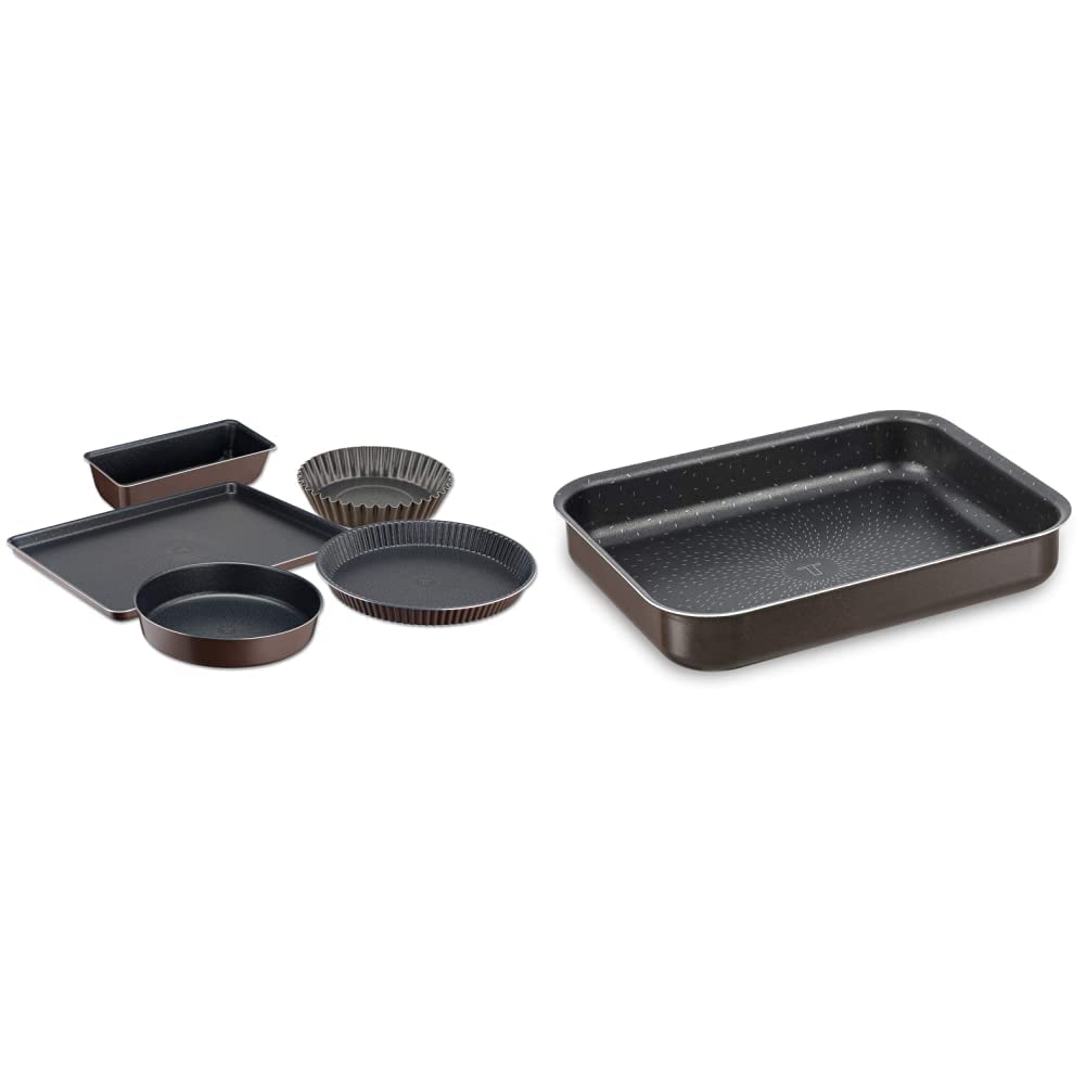 Tefal Perfectbake Set 5 Moules Tarte 30 cm Manqué 24 cm Cake 28 cm Quatre Quarts 26 cm Plaque Pâtisserie 38 x 28 cm & Success Plat Mini Four Aluminium J1600502, fabriqué en France