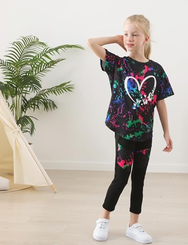 Image of Girls 2 Piece Outfits Kids Clothes Pants Sets Print Short Sleeve Top Leggings Spring Summer Tracksuit 4-13Y
