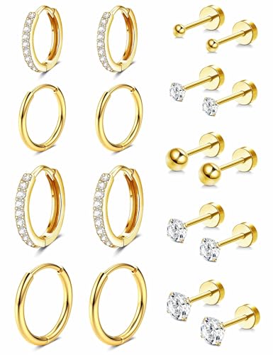 Diamday 9 Pares Juegos de Pendientes para Múltiples Piercing Hipoalergénico 14K Oro Pequeño Huggie Hoop Pendientes Tiny Oro Stud Pendientes para Mujer Lóbulo Hélix Cartílago Pendientes