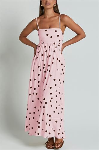 Image of Yuemengxuan Boho Maxi Dresses for Women Spaghetti Strap Flowy Smocked Long Dress Casual Summer Vacation Beach Maxi Dress