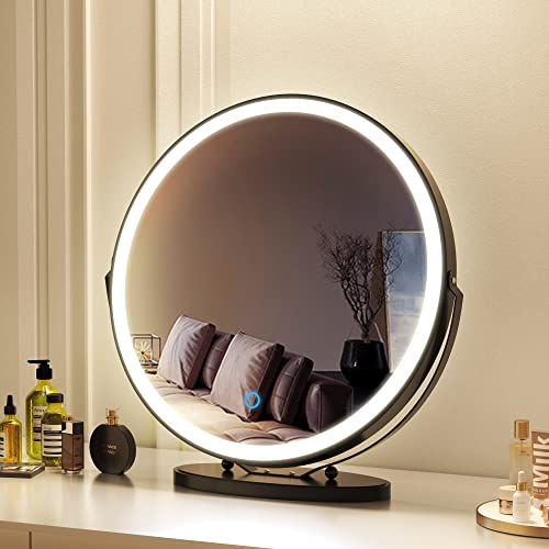 Lvsomt 20" Vanity Makeup Mirror With Lights, 3 Color Lighting Dimmable Led Mirror, Touch Control, 360°Rotation, High-Definition Large Round Lighted Up Mirror For Bedroom Table Desk (Black) #TOP5