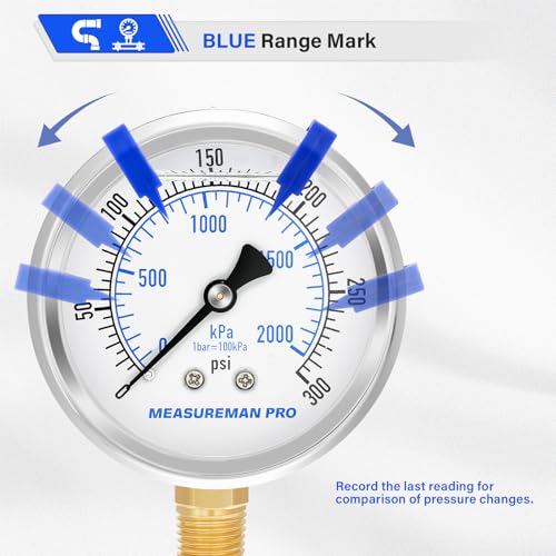 MEASUREMAN PRO 2.5'' Glycerin Filled Pressure Gauge, 0-300psi/kpa, 304 Stainless Steel Case, 1/4" NPT Lower Mount,for Regulator, Air Compressor, Water System, HVAC, Hydraulic Test