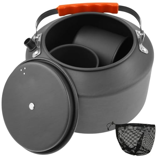 SOEWWEKLAX 2.5L Camping Kettle Heat Evenly Camp Kettle Sturdy Rustproof Camping Coffee Pot Lightweight Portable Camping Kettle with 2 Cups for Outdoor Camping Hiking Picnic(Style 1)