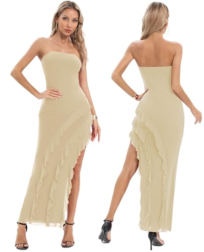 Capuffy Womens Tube Strapless Maxi Dress Irregular Ruffles Hem Cocktail  Dress Off Shoulder Tassel High Slit Evening Gown 312(Apricot,XS) :  Clothing, Shoes & Jewelry - Amazon.com