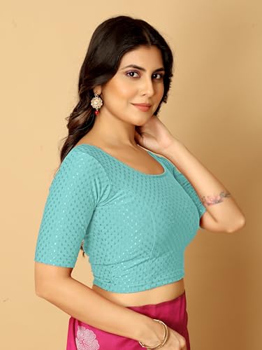 Image of Amazon Brand - Anarva Round Neck Dobby Cotton Lycra Stretchable Elbow Half Sleeve Readymade Saree Blouse for Women Stylish