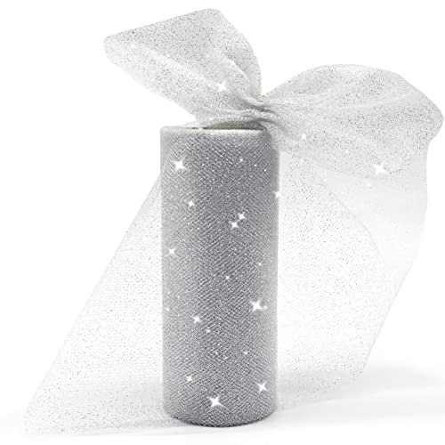 Sliver Glitter Tulle Rolls, 6 Inch by 25 Yards Sparkle Fabric Ribbon for DIY Tutu Skirt Sewing Bow Wedding Decorations Craft Supplies