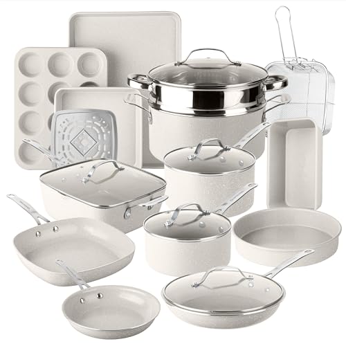 Image of Granitestone 20 Pc Ceramic Cookware Set Nonstick, Complete Pots and Pans Set Non Stick for Kitchen with 5 Pc Bakeware Set, Deep Frying Pan Set, & Steamer, Non Toxic PFOA Free, Oven & Dishwasher Safe