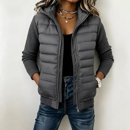 YRAETENM Womens Puffer Jacket Casual Hooded Mixed Fabric Winter Outerwear - image 2