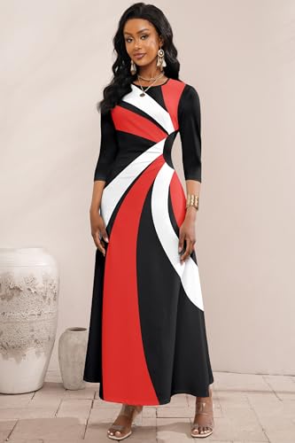 Image of Runwind Maxi Dress for Women with Ruched Waist - Semi-Formal 3 /4 Sleeve Crew Neck Long Dresses for Wedding Guest & Church