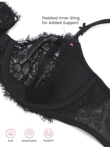 Image of DOBREVA Women's Balconette Sexy Unlined Bra Lace Push Up Plus Size Bras See Through Underwire