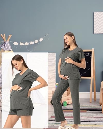 SUNNYBUY Zwangerschapspyjama voor dames, borstvoedingspyjama, korte mouwen, zwangerschapsshorts en broek, 3-delige borstvoedingspyjama-set, grijs en strepen, XL SUNNYBUY Zwangerschapspyjama voor dames, borstvoedingspyjama, korte mouwen, zwangerschapsshorts en broek, 3-delige borstvoedingspyjama-set, grijs en strepen, XL