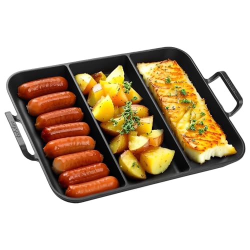 Onlyfire Plancha Rectangular de Hierro Fundido con Asas, Plancha de Asar de 3 Secciones para Parrilla de Gas, Parrilla de Carbón y La Mayoría de Los Hornos, 41.6 * 31.5 * 3.8 cm