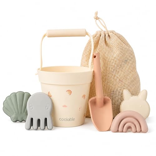 coolable Lot de 6 Jouets de Plage en Silicone pour Enfants - Seau Pliable, Pelle, 4 Moules à Sable et Sac Filet - Arc-en-Ciel