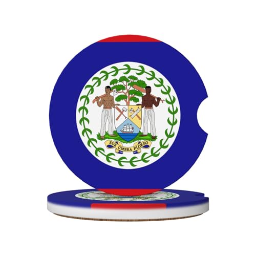 Lot de 2 Dessous de Verre antidérapants en céramique avec Encoche pour Porte-gobelets, Motif Drapeau du Belize, pour Voiture