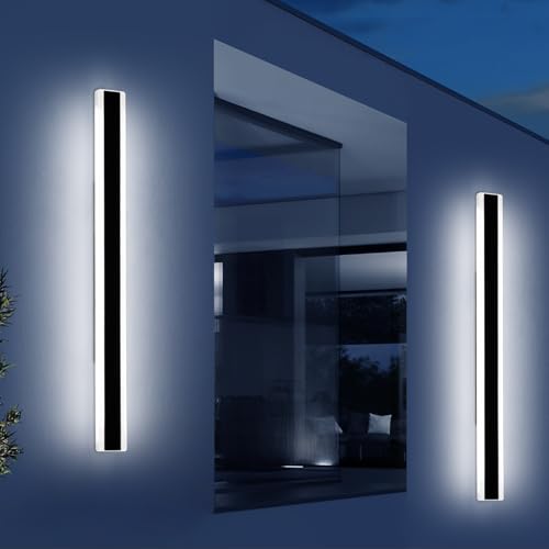 2 Pack 57inch Exterior Wall Light Fixture, 6000K Cold White, Modern Long Outdoor Wall Sconce, IP65 Waterproof, 50W, Black Outside LED Strip Lighting for Garage, Patio, Balcony, Fence