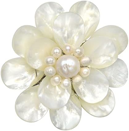 AeraVida Pure Lotus White Mother of Pearl & Cultured Freshwater White Pearl Floral Pin or Brooch