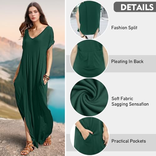 Image of Match Women's V-Neck Casual Loose Short Sleeve Long T-Shirt Dress Split Maxi Dress with Side Pocket