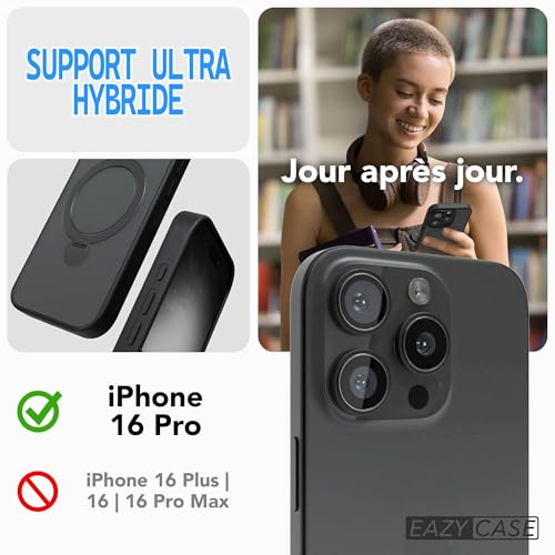 Coque iPhone 16 Pro noire mate haute résistance avec anneau de luxe