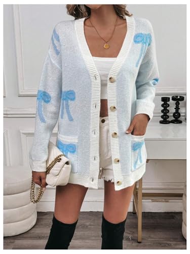 GORGLITTER Women's Bow Button Down Cardigan Sweaters Graphic Knit Cardigans with Pocket4