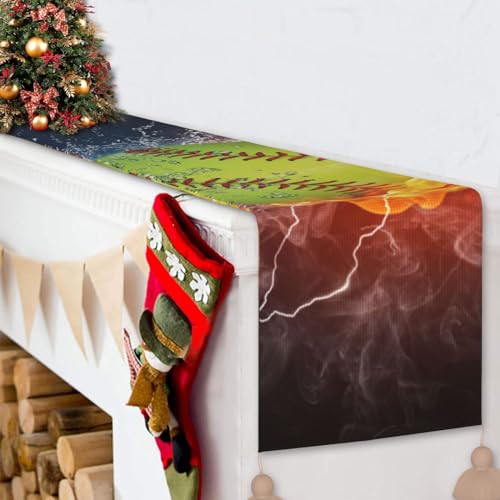 Chemin de table en lin motif balle molle feu et eau 35x152 cm pour décoration