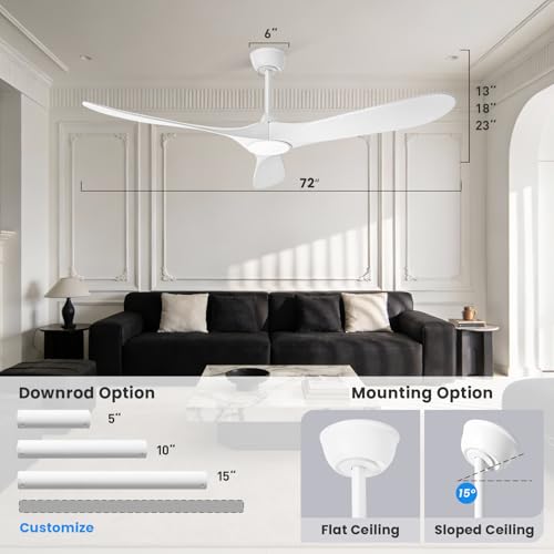 Image of heimo 72 Inch White Ceiling Fan with Light and Remote, Wood Outdoor Ceiling Fans with Lights Dimmable for Bedroom Living Room Patios Proch Office Rustic Extra Large High Cfm Exterior Fan