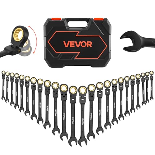 Image of VEVOR 24-piece Ratcheting Wrench Set with 180 Flex Head, Anti-Slip Tooth, Combination Wrench Sets with Organizer Box, Metric 8-19mm & SAE 1 /4-3 /4 inch, Black Electrophoretic Coating