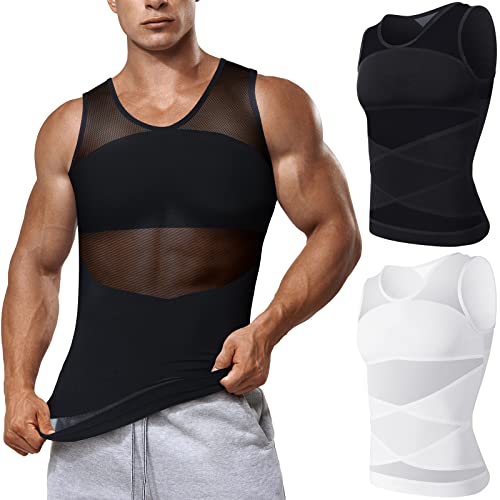 Foaincore 2 Pieces Men's Chest Compression Shirt to Hide Gynecomastia Moobs Men's Body Shaper Slimming Vest Tummy Control Compression Underwear Tank Top Back Support Shirt (L) Black and White