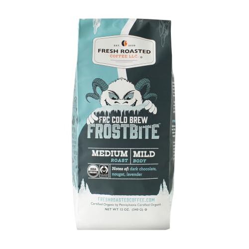 Image of Fresh Roasted Coffee, Organic Frostbite Cold Brew Whole Bean Coffee, Medium Roast, USDA Organic, 3rd Party Tested for Mold, Mycotoxin & Pesticides, Kosher, 12 oz