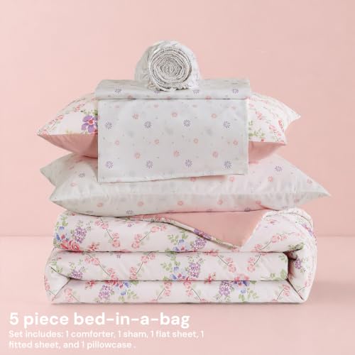 Image of BLOOMHAVEN Twin XL Comforter Set for Girls, 5 Pieces Colorful Floral Vine Bedding Set, All Seasons Kids Dorm Bed in a Bag with Sheets, Pillowcase & Sham