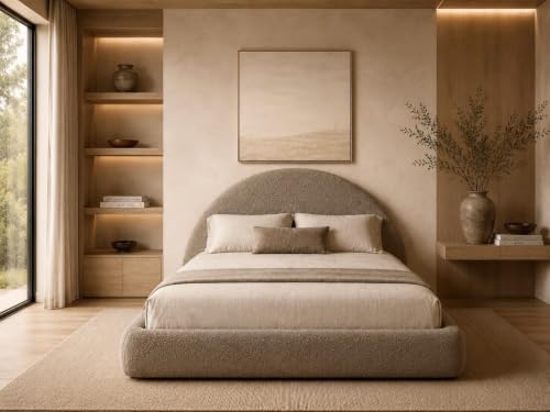 Image of New Round Bed Upholstered Bed Frame -Washable Zip Cover, Modular Minimalist Modern Design Soft Foam Platform Bed, Half Circle Sold Separately (Taupe Boucle, King Headboard)