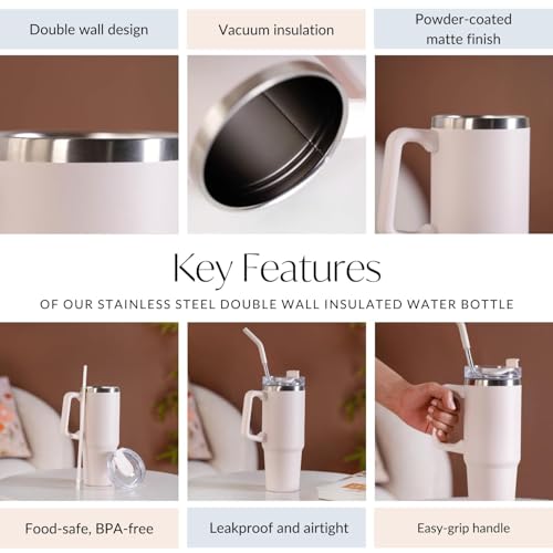 Image of Decorcrafts 1.2 Litre Tumbler with Handle Straw & Lid | Insulated Reusable Stainless Steel Water Bottle | Leak Proof Mug for Office, Gym, Travelling (White)