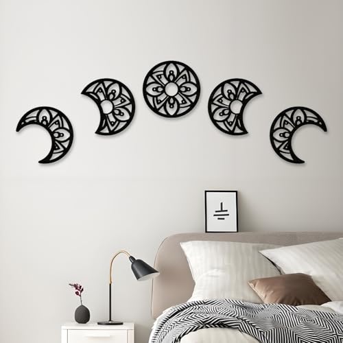 imposyu 5 Pièces Phase Lune Tenture Murale Boho Decor, Décorations Murales 3D Décoration Murale en Bois de Lune pour Chambre, Salon, Salle à Manger, Bureau
