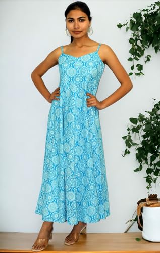 Image of JAIPUR HAND BLOCK Cotton Sleeveless Long Flared A Line Dress|Gown (S00063)