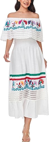 Image of YZXDORWJ Women Embroidered Mexican Peasant Casual Sexy Lace Off-Shoulder Long Dress
