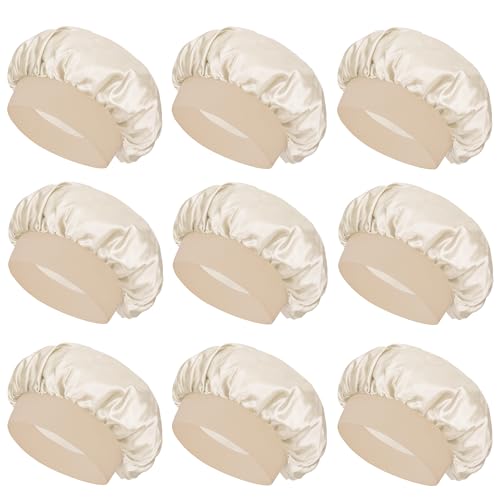 Satin Bonnet Silk Hair Bonnet for Sleeping Women Men Night Cap Sleep Bonnet Hat Hair Cap 9 Pack with Wide Band, Beige