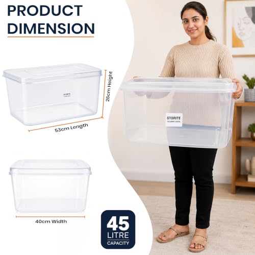 Image of Storite 4 Pcs 45L Plastic Storage Box with Lid-Stackable Organizer Box | Storage Box for Clothes, Kids Toys, Kitchen - Plastic Storage Container Basket for Home, Office, Bathroom(Transparent)
