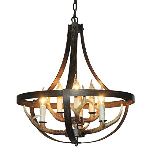 QIANLU Farmhouse Chandelier-6 Light Iron D22"H24.5"Antler Chandelier-Pendant Lighting for Kitchen Island Bedroom Dining Room Cafe Bar Living Room 3008C-6