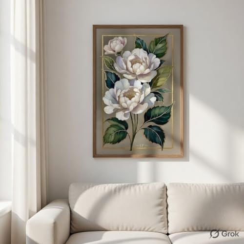 Image of SAF Elegant White Floral Botanical Wall Art with Wooden Frame | Luxury Flower HD UV Laminated Print on MDF | Modern Aesthetic Decor for Living Room Bedroom Office 13.5 Inch x 19.5 Inch