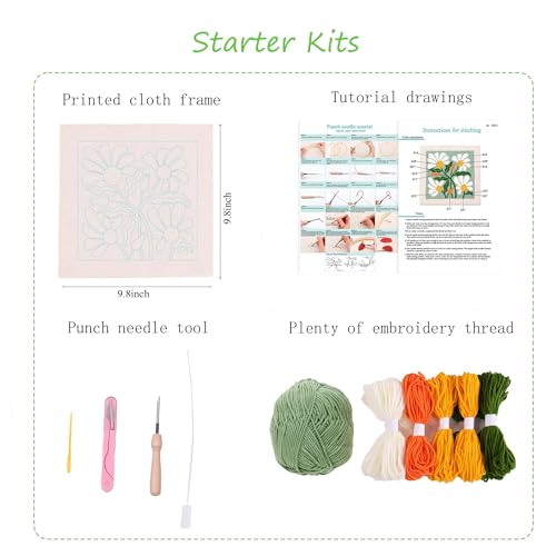 Image of DCCQ Punch Needle Kits for Beginners,Sunny Lovely White Flowers and Green Background,with Hoop Embroidery Punch Needle Starter Craft Set for Suitable as a Holiday Gift for Adults or Children