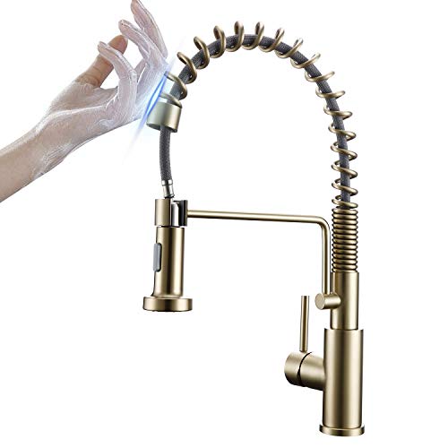 Touch On Kitchen Faucets with Pull Down Sprayer, Single Handle Kitchen Sink Faucet with Pull Out Sprayer, Stainless Steel Touch Activated Faucet (Brushed Gold)