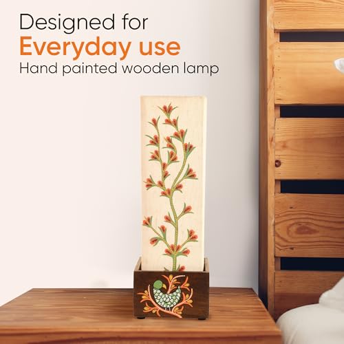 Image of AAKRITI ART CREATIONS Teak Wood Table Lamp for Study Room, Bedroom & Living Room Decoration | Madhubani Botanical Floral Vines Bedside Lamp with Cotton Fabric Shade | Aesthetic Night Lamp