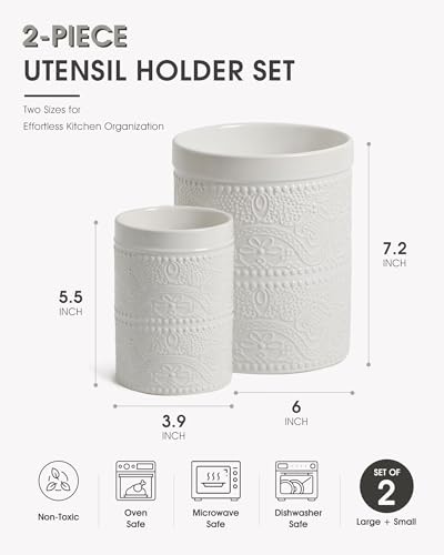 Image of FUN ELEMENTS Kitchen Utensil Holder, 7.2+5.5 inch Super Large Utensil Crock Heavy and Stable Lace Emboss Ceramic Utensil Holder for Kitchen Counter(2Pcs Bright White)