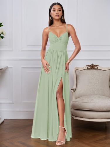 V Neck Bridesmaid Dresses for Women Ruched Pleated Chiffon Formal Evening Party Gown with Slit2