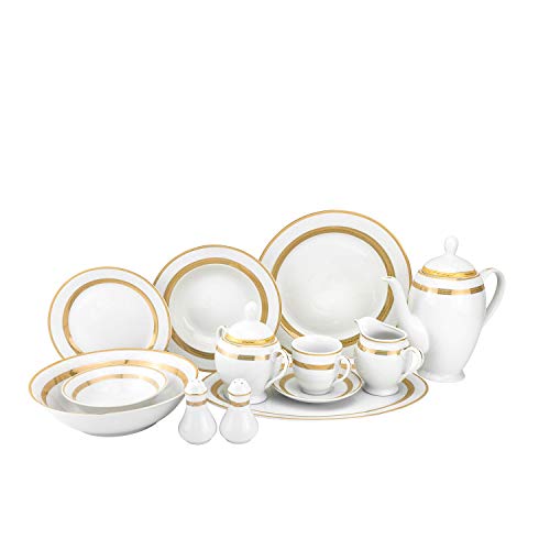57-pc Bone China Porcelain Dinnerware Set wGolden Rims Super White Elegant Dinner Set Dinner Plates Soup Plates Salad Plates Creamer Teapot Tea Cups and Saucers Set for 8