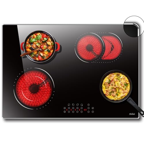 Image of Hobsir 30 Inch Electric Cooktop, 4 Burners Cooktop, Electric Stove Top Burner, 6800W Drop-in Ceramic Stove Top with Glass Metal Frame, Timer, Safety Lock, 220-240V, Hard Wired (No Plug) Cooktops