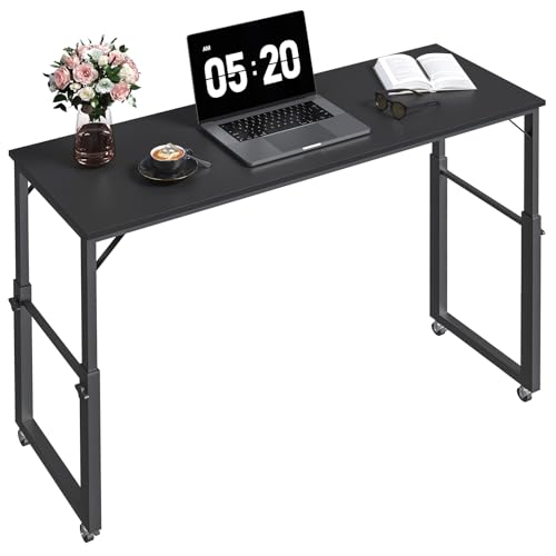 MAHANCRIS Overbed Table with Wheels, Queen Size Mobile Bed Desk with Adjustable Height, Rolling Table, Dining Table, Computer Desk, for Bedroom, Living Room, Office, Black MTBK18001