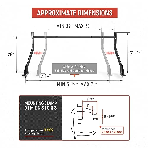 AA-Racks X31 Truck Rack with (8) Non-Drilling C-Clamps Pick-up Truck Utility Ladder Rack Black
